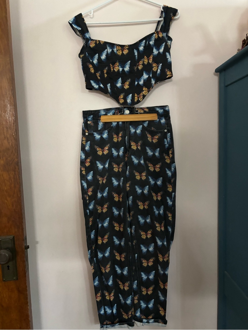 Missguided Denim butterfly print matching set